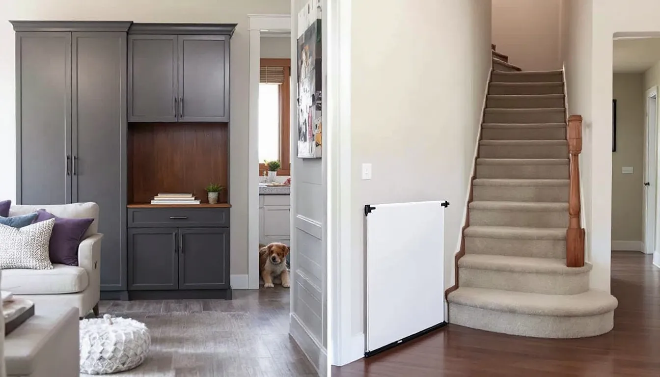 A home with barriers and childproof locks in place to restrict pet access to dangerous areas, highlighting safety measures for pet owners.