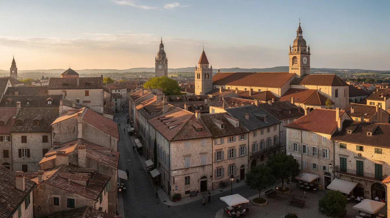 Imagem de uma vista panorâmica de uma cidade europeia histórica, com torres e telhados antigos, refletindo a arquitetura clássica e a rica história da região. A paisagem é marcada por edificações imponentes que evocam a atmosfera cultural da Europa.