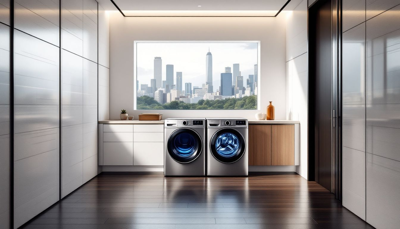 A laundry room featuring top washing machines and dryers.