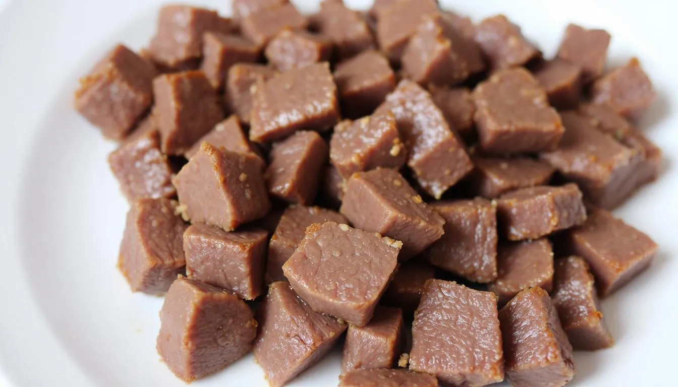 A plate holds small, bite-sized pieces of cooked beef liver, ideal for training treats for dogs. This nutrient-dense organ meat is rich in essential vitamins and minerals, supporting a dog