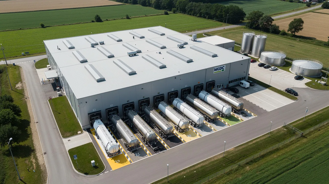 68f784de de96 4a8b 828e cc2b23ccebc7 An aerial view of a medium-sized dairy processing factory shows milk tankers parked at loading docks, ready for the ice cream manufacturing process. The facility features a well-organized layout, highlighting its capacity for large-scale industrial production of various ice cream flavors.