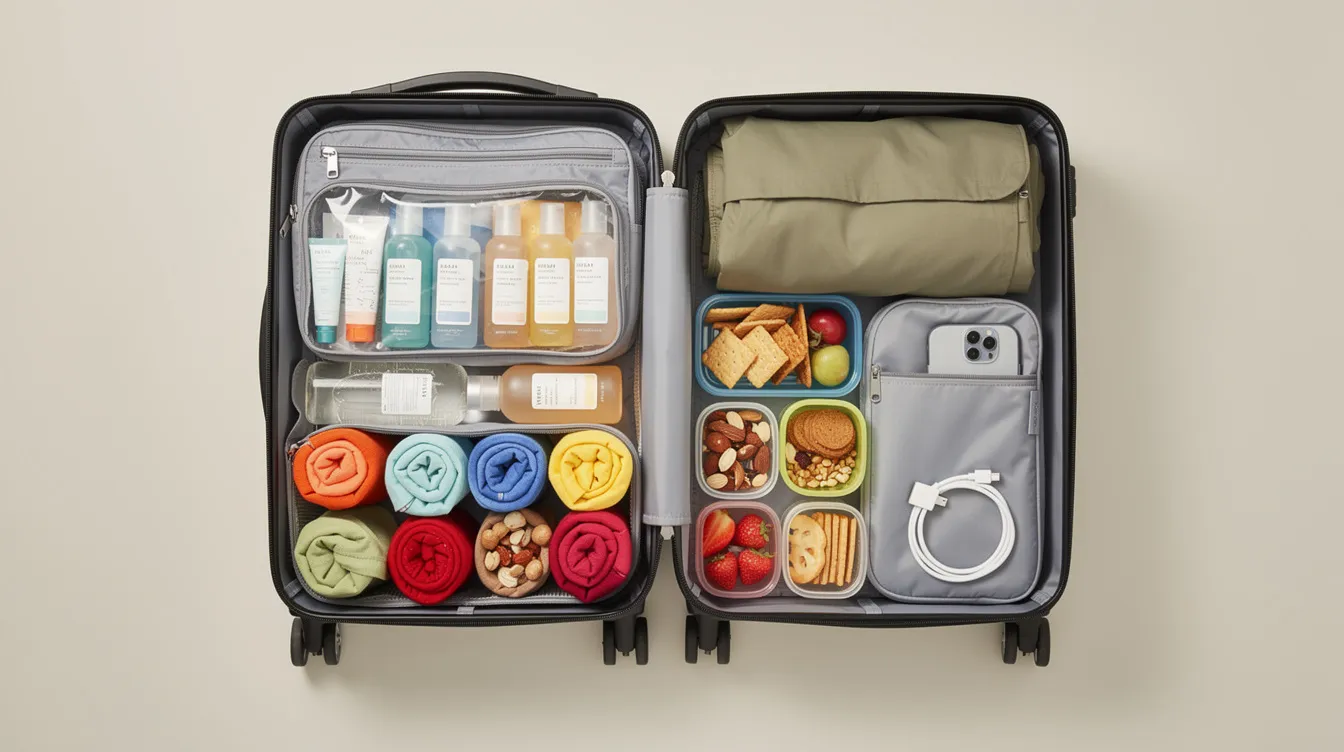 The image shows an overhead view of a meticulously organized carry-on bag, featuring travel-sized bottles, snack containers, and neatly arranged compartments. This setup highlights the importance of adhering to TSA guidelines for traveling with CBD products, ensuring all items meet legal limits and are easily accessible for security screening.