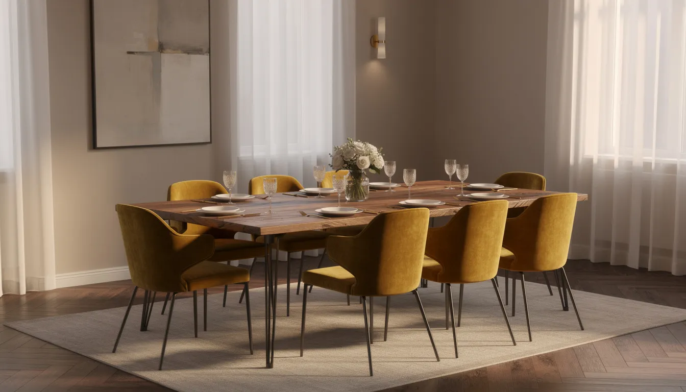 Een elegante eetkamer met gouden eetkamerstoelen, bekleed met zacht fluweel, rondom een houten tafel. De chique uitstraling en uitnodigende sfeer creëren een perfecte match voor een stijlvolle ruimte.
