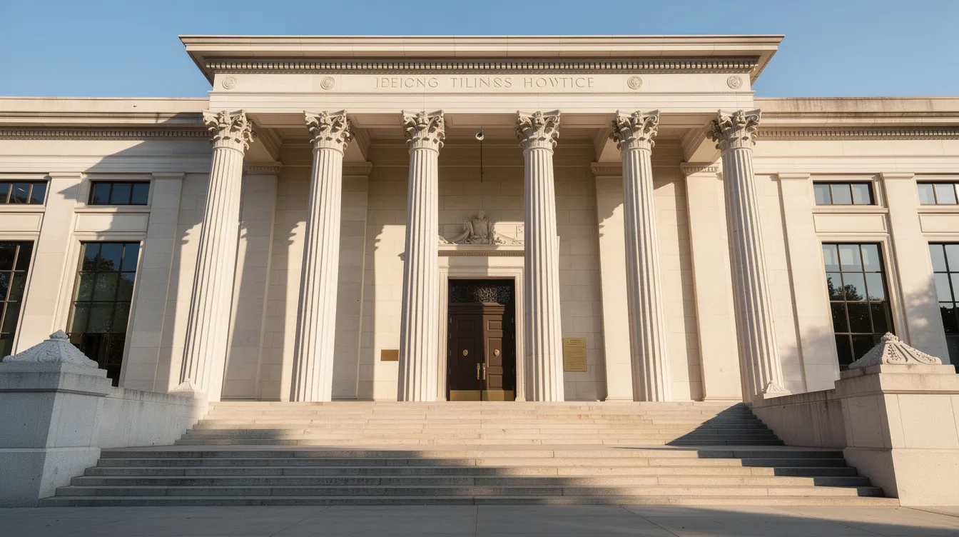 The image depicts the grand entrance of a courthouse, featuring tall pillars and wide steps leading up to large double doors, symbolizing the authority and formality of the legal system. This setting is often associated with family law cases, where individuals may seek court orders related to issues such as child support, visitation, and domestic violence restraining orders.