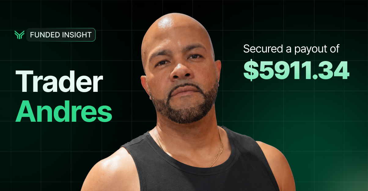 Funded Insight trader payout banner on a dark green grid background. The Funded Insight logo sits top left. White and green headline reads "Trader Andres" on the left, with "Secured a payout of $5911.34" on the right where the dollar amount is emphasized in large green type. A cutout portrait of the trader in a black tank top and gold chain is centered.