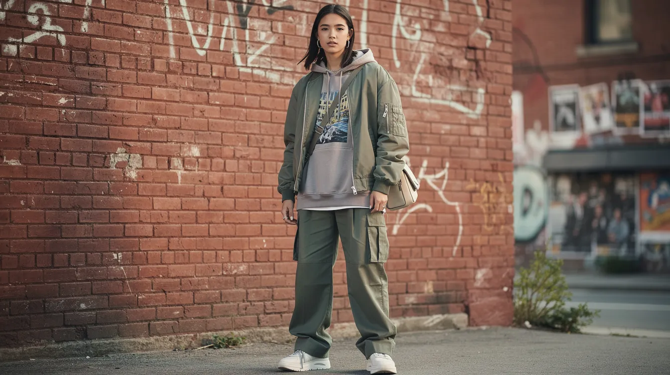 A fashion model showcases urban streetwear, posing confidently against a textured brick wall, embodying the essence of contemporary style. This image reflects the vibrant culture of the fashion industry and highlights the importance of a strong brand identity for successful online stores and established fashion brands.
