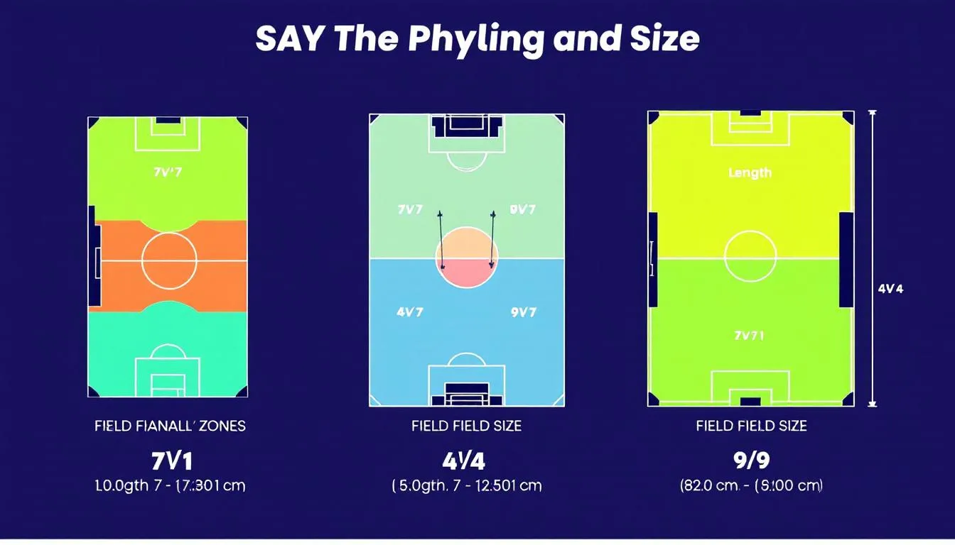 Comparison chart of different soccer field sizes including 7v7, 4v4, and 9v9.
