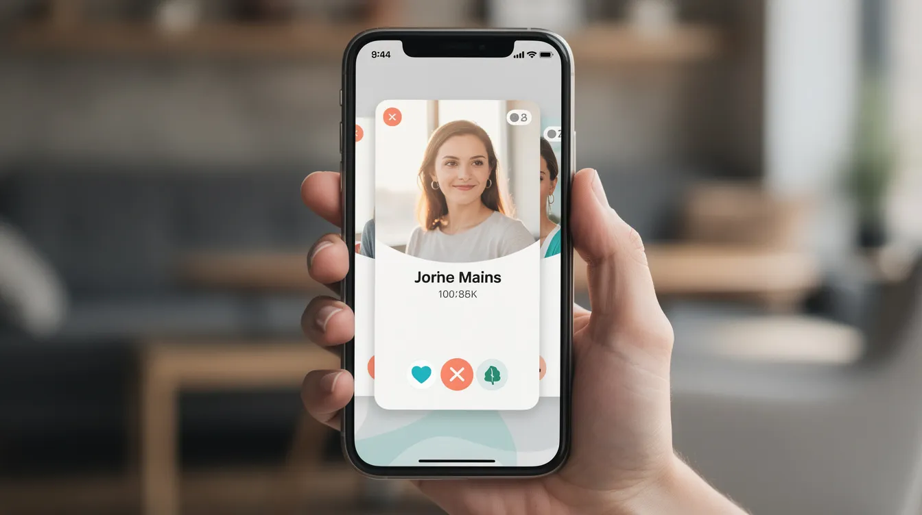 The image shows a smartphone with a sleek, modern dating app interface featuring various profile cards, highlighting user engagement and intuitive design. This visual representation reflects the essential features and advanced functionalities that are key in developing a successful dating app.