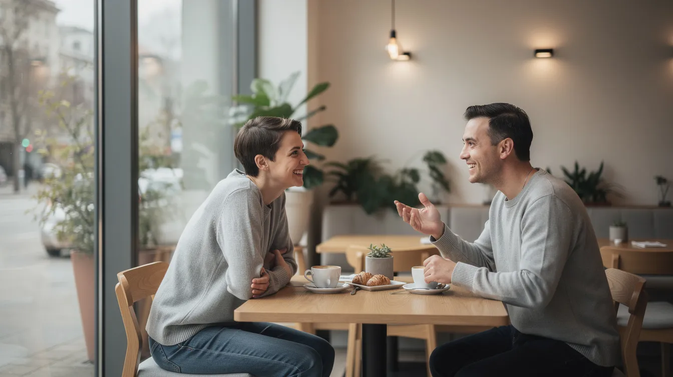 In a modern cafe, a high value man and a high value woman engage in a relaxed conversation, showcasing their emotional intelligence and self assurance. They discuss their past relationships and dreams, emphasizing the importance of self love and effective communication in building healthy relationships.