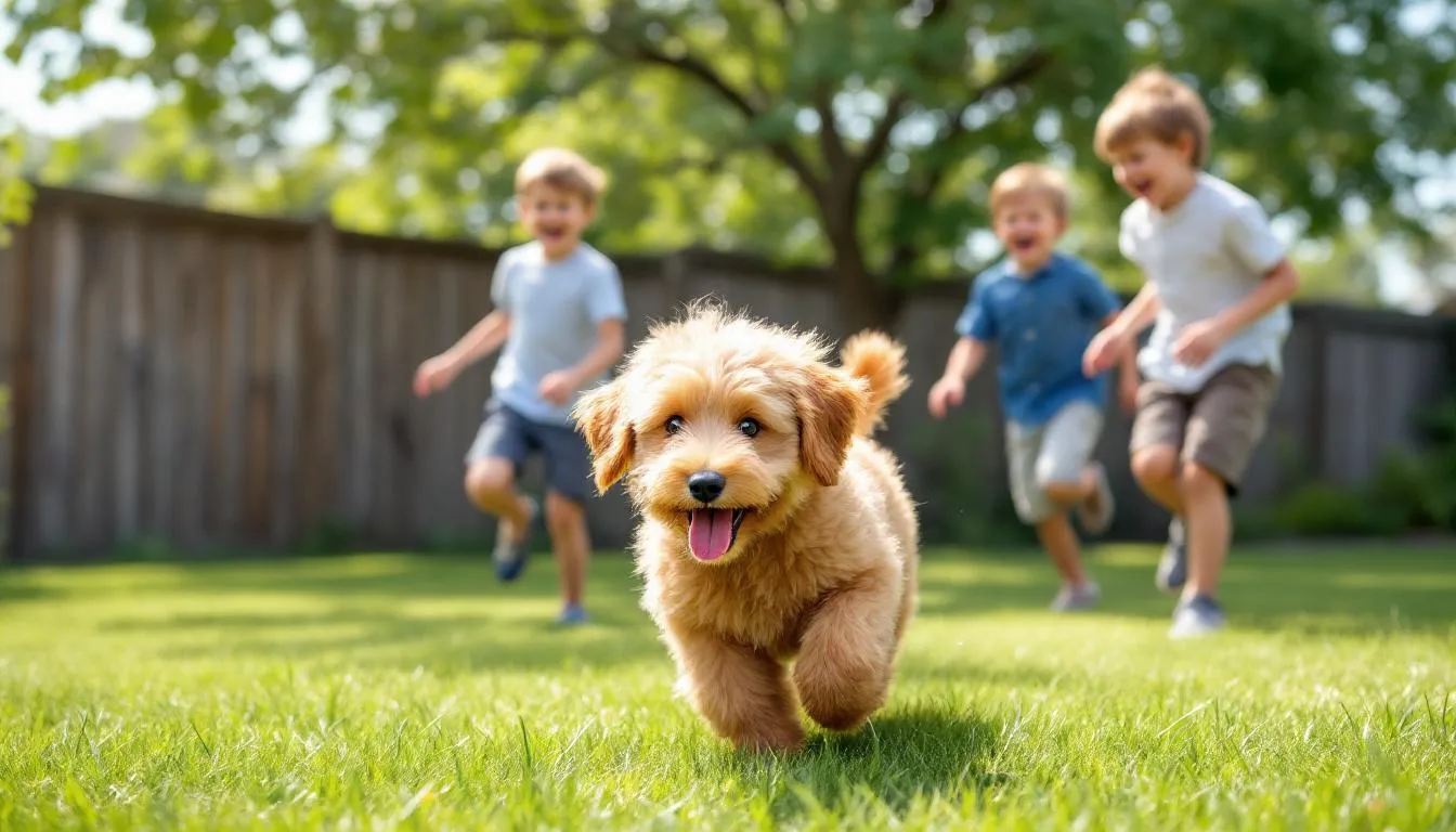 In the backyard, an F1B mini goldendoodle with a curly coat joyfully plays with children, showcasing its playful and affectionate nature. The scene captures the bond between the adorable mini goldendoodle and the kids, making it a perfect moment for first-time dog owners and families.