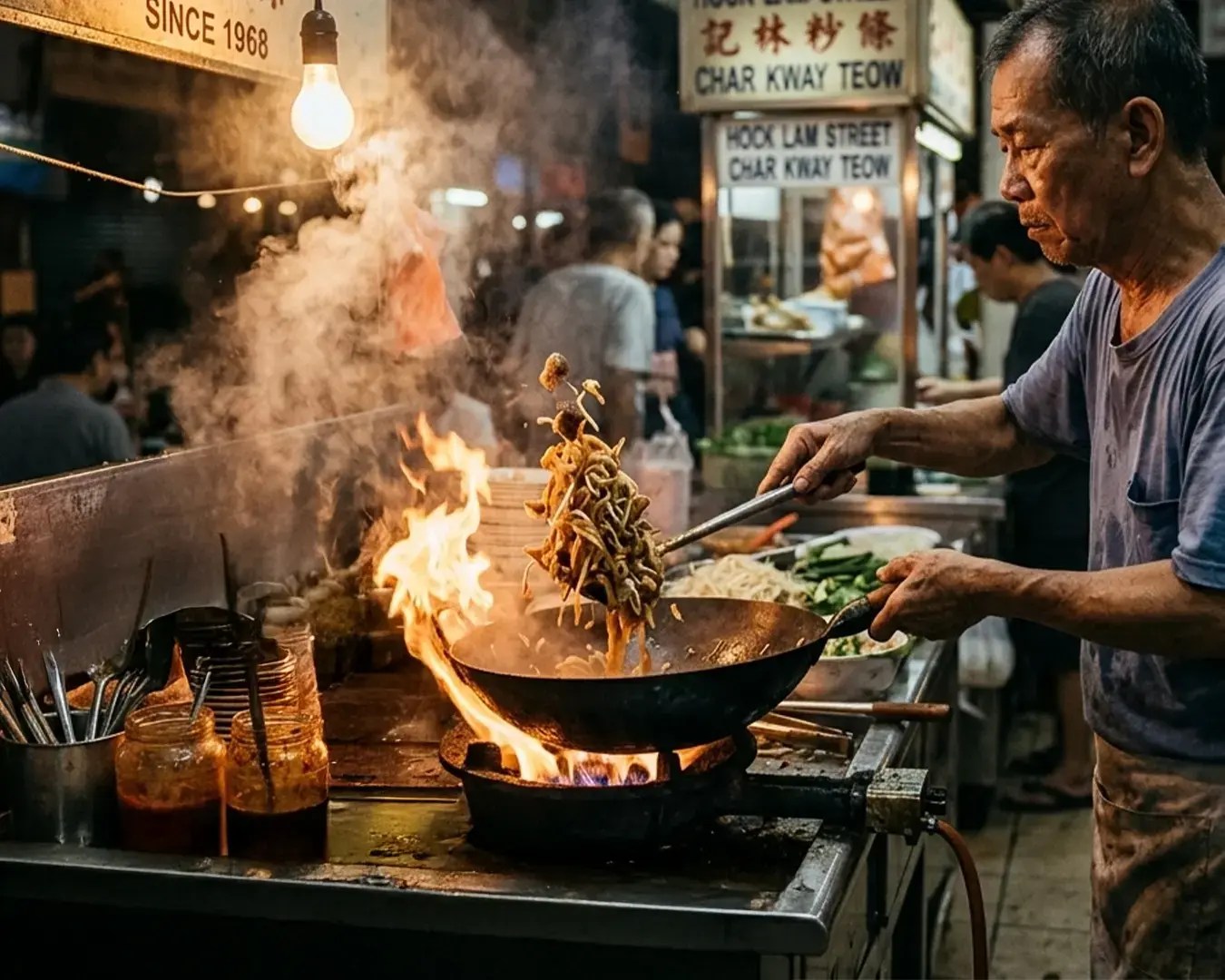 A street food vendor expertly tosses noodles in a flaming wok at a busy night market. The scene is lively with vibrant energy and rich aroma.