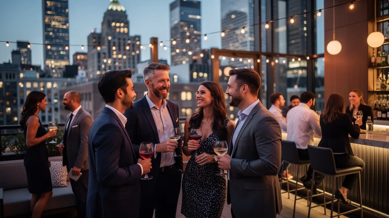 The image depicts a lively professional singles mixer in New York City, where individuals engage in fascinating conversations while exploring shared interests and values. The atmosphere encourages deeper connections and emotional intimacy, setting the stage for potential long-term relationships built on a solid foundation of compatibility and understanding.