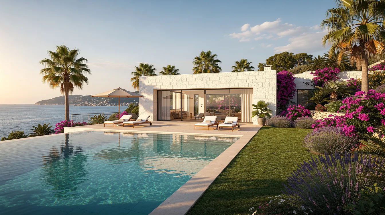 Een luxe villa aan de Middellandse Zee, omringd door een prachtige tuin en voorzien van een verwarmd zwembad, biedt een panoramisch uitzicht op de zee. Deze villa weerspiegelt de luxe levensstijl en het vermogen van bekende namen zoals Gert Verhulst, die actief is in de Vlaamse entertainmentindustrie.