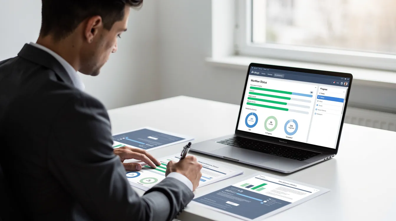 Person reviewing documents while AI agents collaborate to perform complex tasks autonomously, minimizing human intervention.