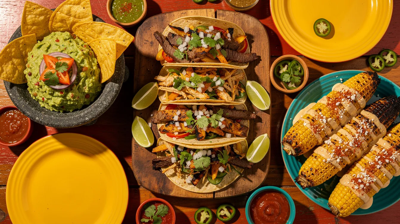 A imagem apresenta uma mesa colorida repleta de pratos típicos mexicanos, como tacos, guacamole e milho assado, evocando a rica cultura gastronômica do México. Este cenário vibrante é perfeito para um café da manhã em um destino turístico como Cancún, na Quintana Roo.