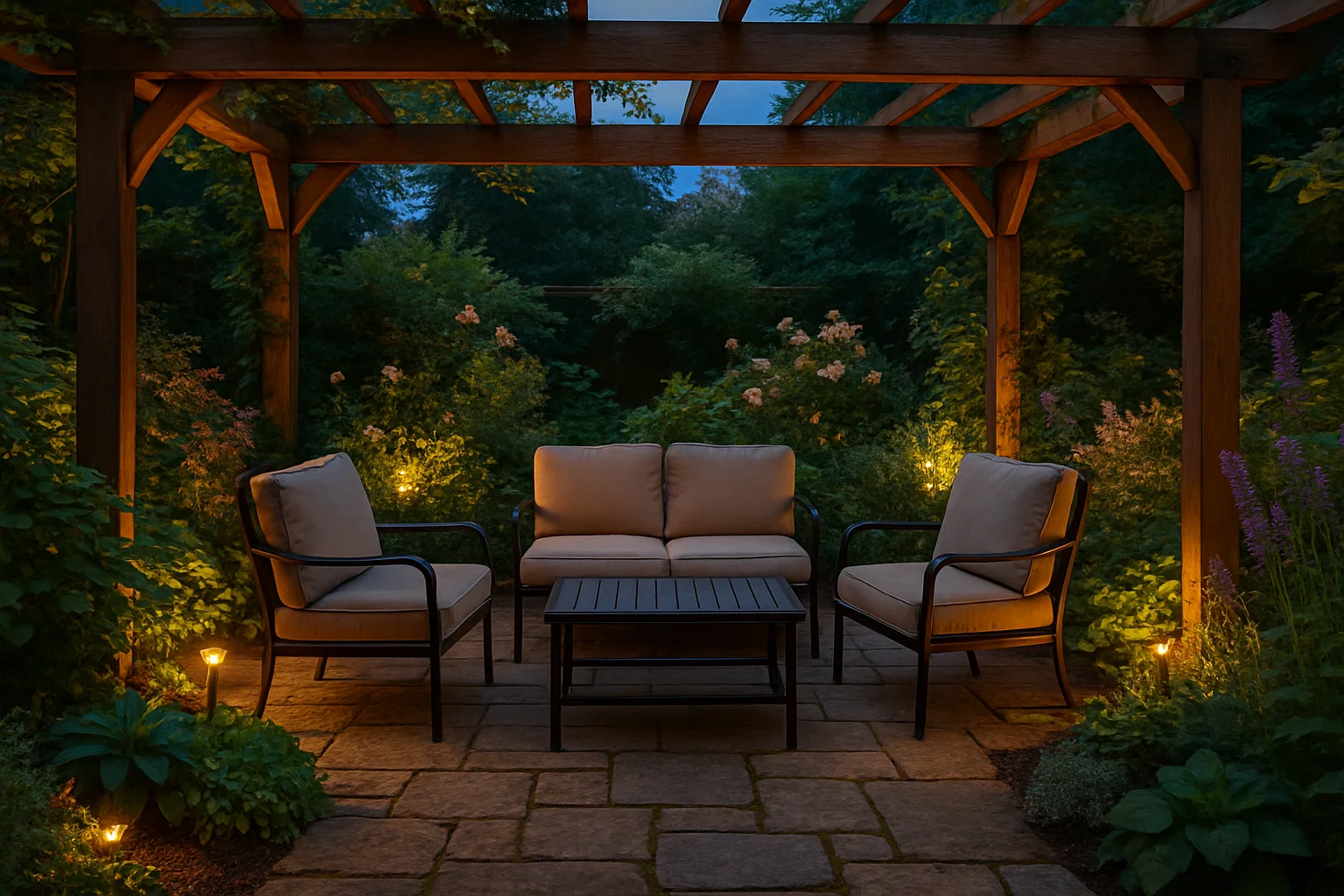 Outdoor seating under a pergola in a landscaped garden with evening lighting.