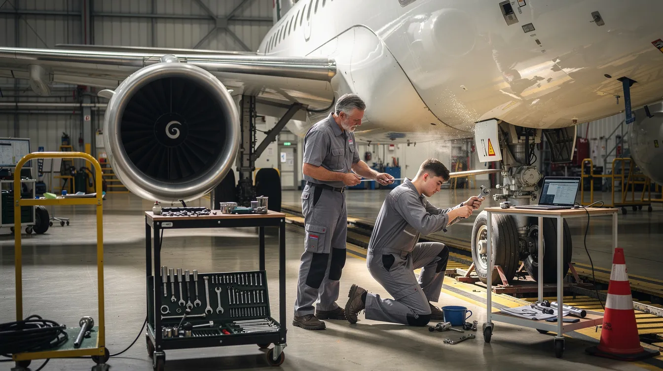 An apprentice mechanic is seen working beside an aircraft in a hangar, engaging in hands-on training as part of an aviation maintenance apprenticeship program. The image showcases the technician using tools to perform aircraft maintenance, highlighting the practical experience gained in this career path.