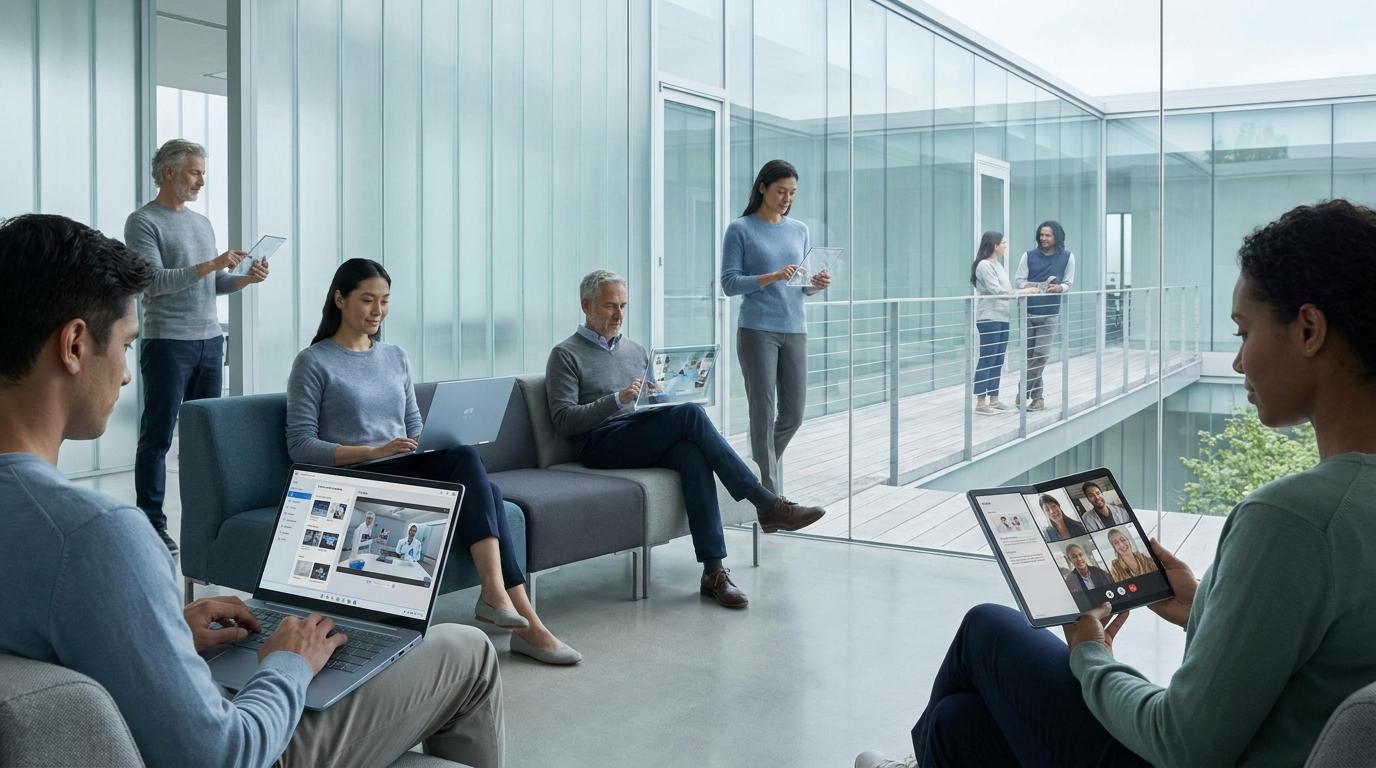 Modern remote learning ecosystem with diverse learners using laptops, tablets, and lightweight devices to access browser-based training and virtual labs from anywhere, clean futuristic style.