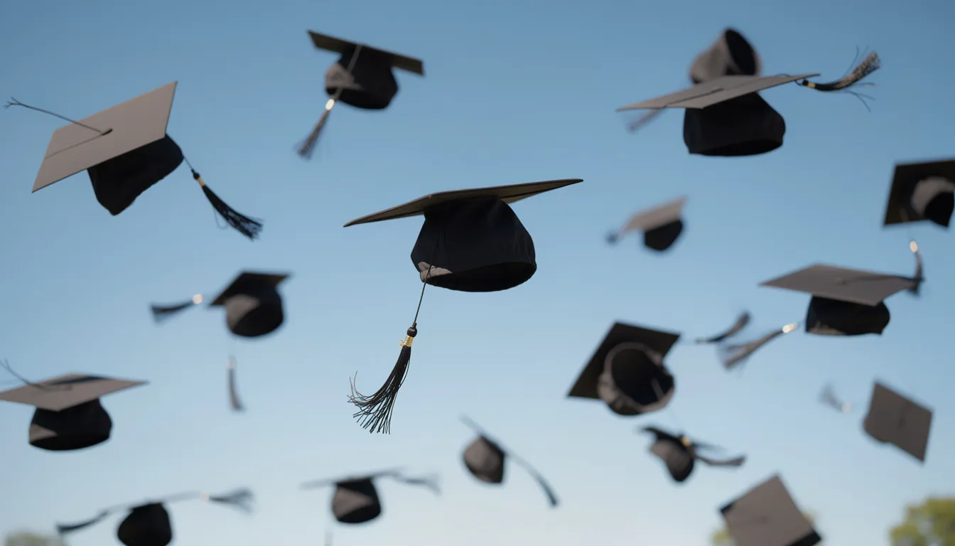The image depicts graduates joyfully tossing their graduation caps into the air against a clear blue sky, symbolizing the successful completion of their degrees and the celebration of their hard work and achievements. This moment captures the excitement and honor of graduation day.