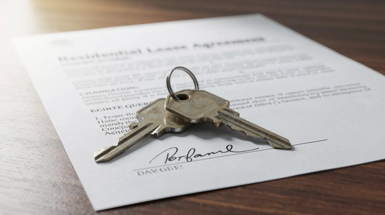 A set of house keys rests on top of a signed contract on a wooden desk, symbolizing the process of buying an investment property. This scene reflects the important steps in real estate transactions, including closing costs and down payments.
