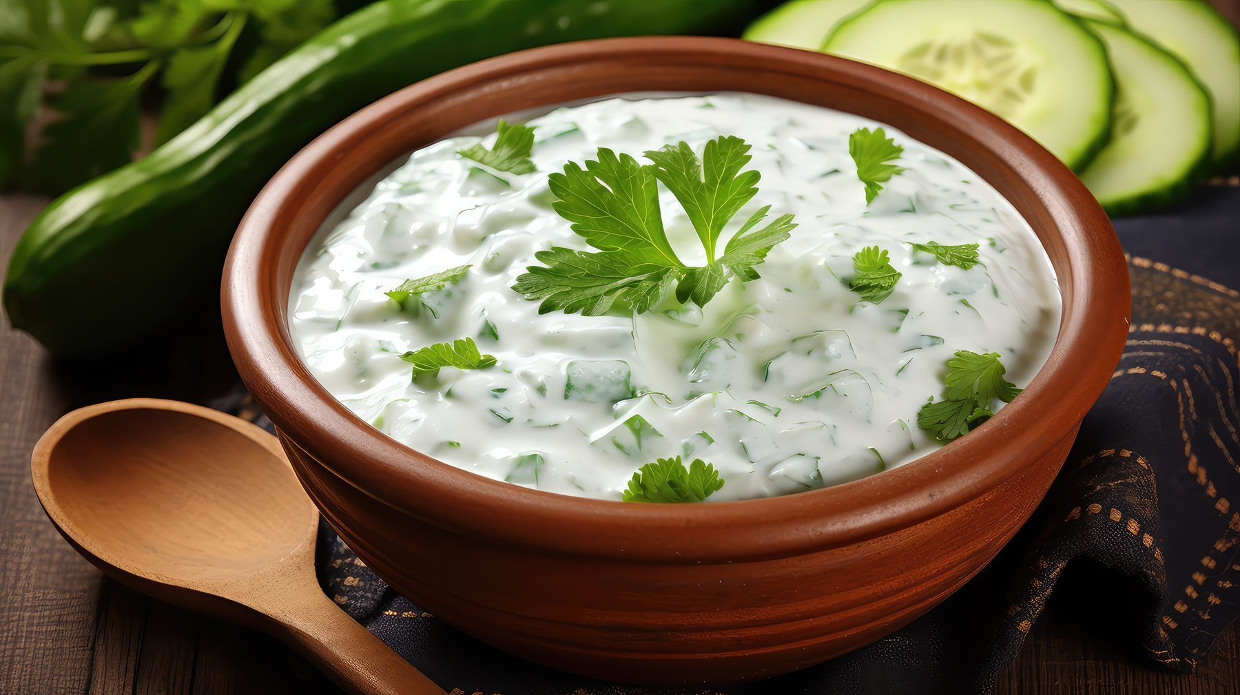 Cucumber Raita: Refreshing yogurt-based dip with diced cucumbers and aromatic spices, ideal for Indian cuisine