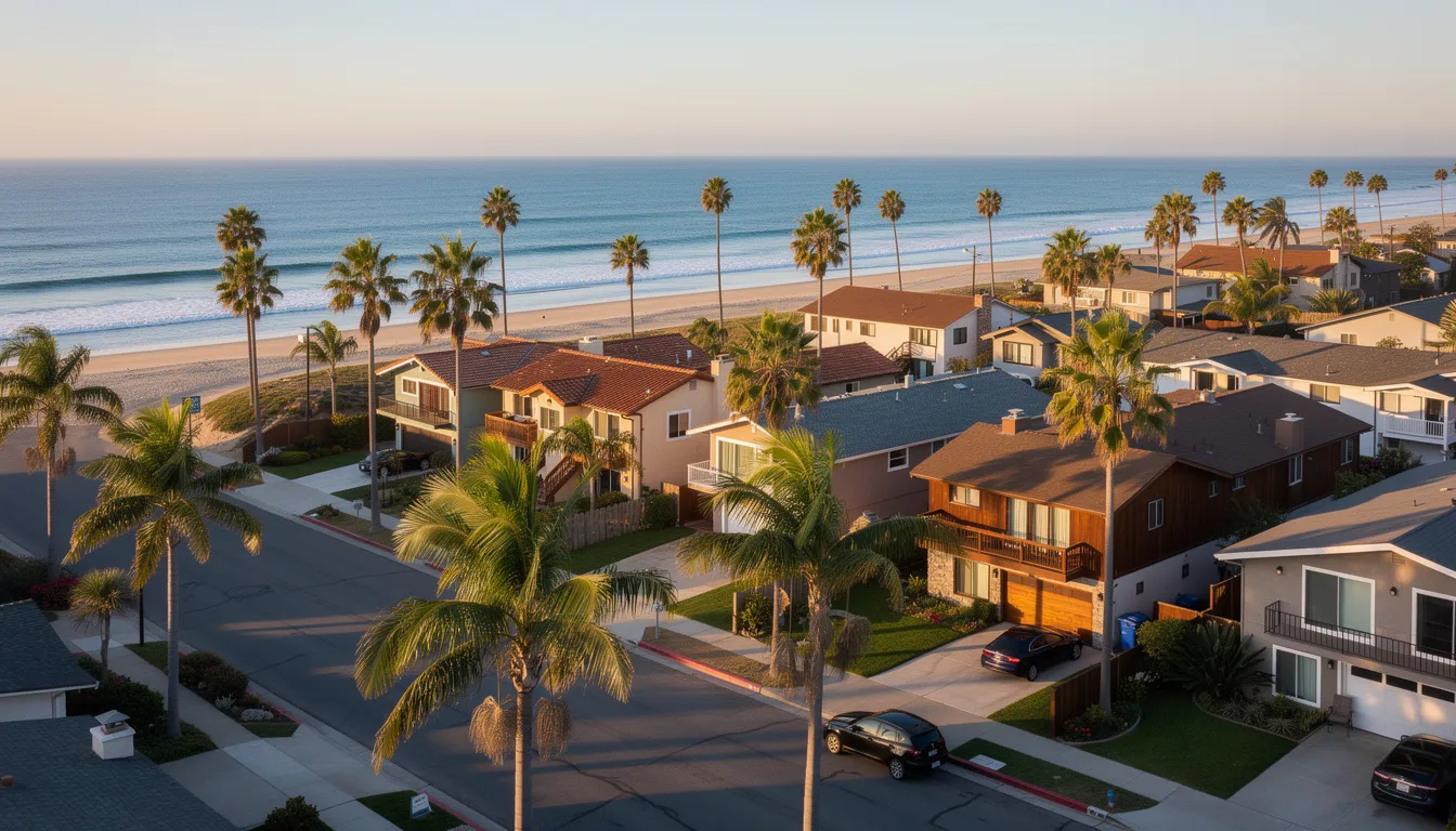 The image depicts a picturesque California coastal community featuring residential homes surrounded by lush palm trees, capturing the essence of life in San Diego County. This serene environment reflects the importance of estate planning and legal guidance for families looking to protect their significant assets and navigate the probate process.