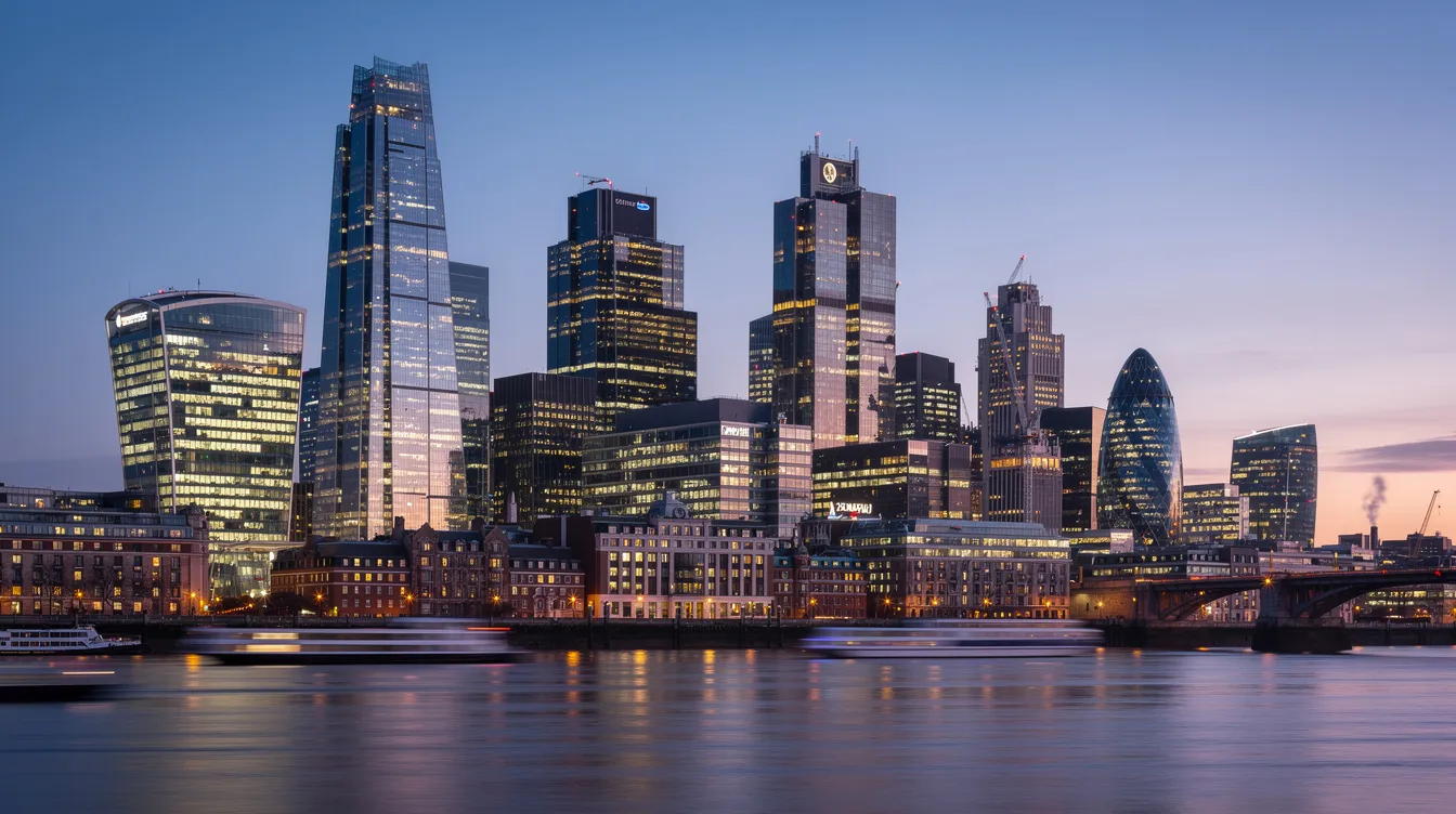 The image captures the London financial district skyline at dusk, showcasing modern skyscrapers illuminated against the evening sky, with the River Thames flowing in the foreground. This vibrant scene represents the heart of the UK's financial services sector, home to top finance companies and institutions engaged in commercial banking, investment banking, and asset management.