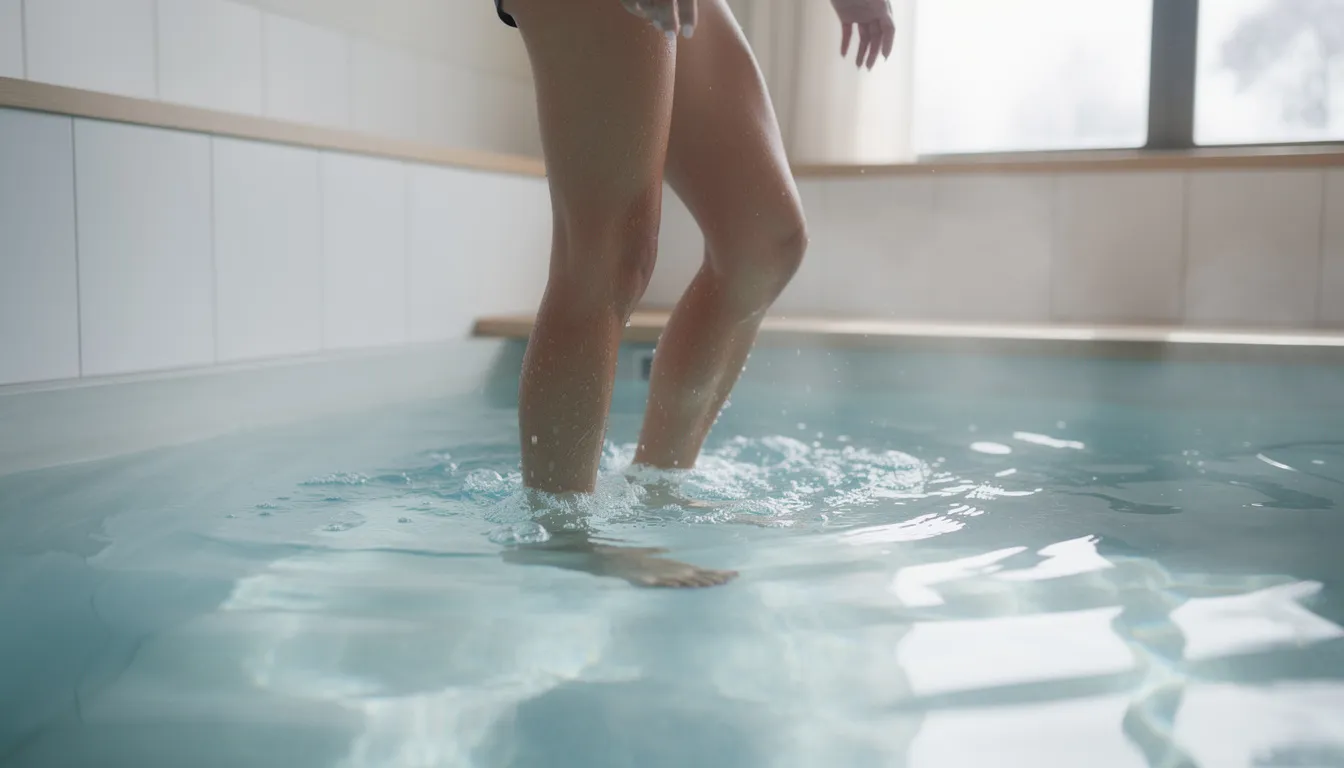 A person is stepping into a pristine cold plunge tub filled with clear, sparkling water, ready to experience the benefits of cold water exposure for their entire body. This moment marks the beginning of their wellness routine, as they prepare for a total body dip that can help release endorphins and calm the nervous system.