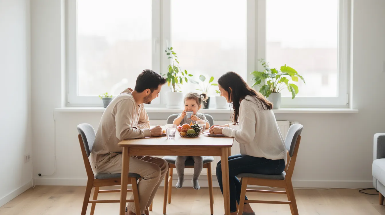 Eine junge Familie sitzt gemeinsam am Esstisch in ihrer hellen Mietwohnung und genießt eine Mahlzeit. Diese Szene spiegelt das Leben in einem Haushalt wider, der möglicherweise Anspruch auf Wohngeld hat, um die Wohnkosten zu decken.