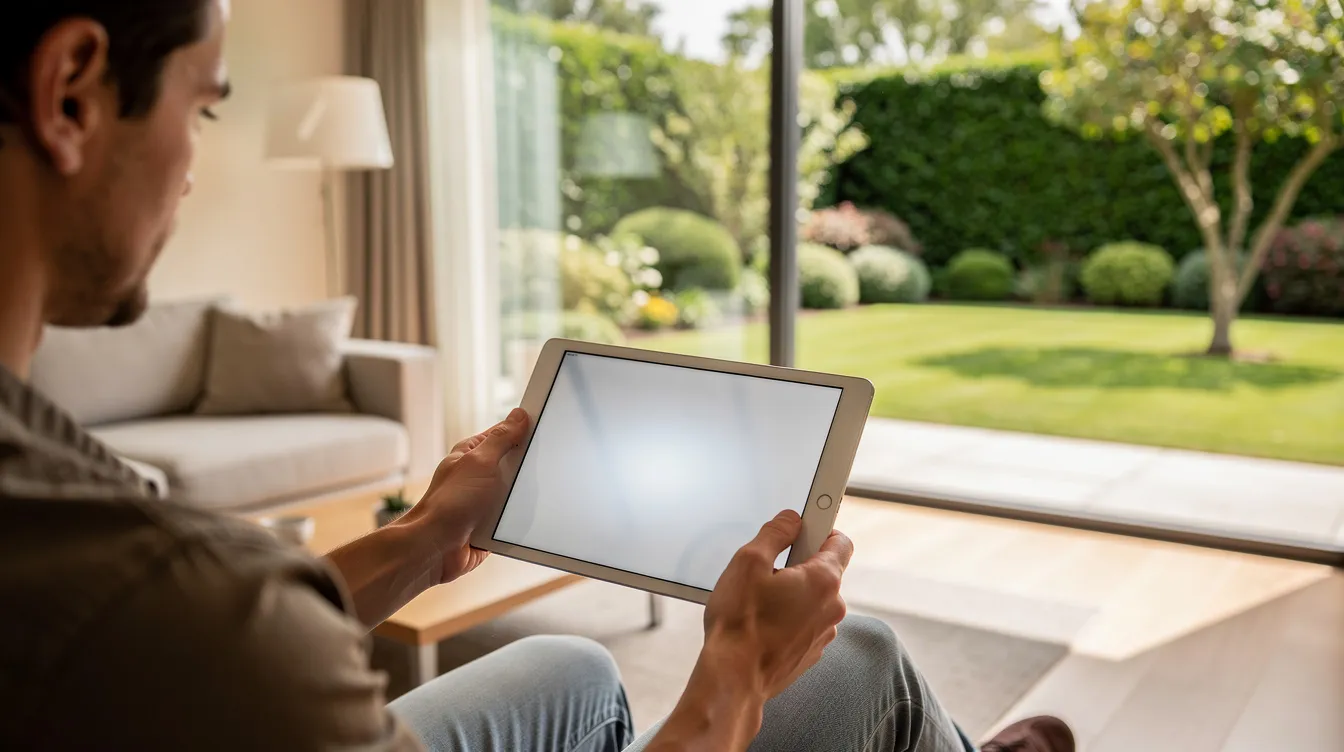 Eine Person hält ein Tablet in der Hand und bedient es, während im Hintergrund ein modernes Wohnzimmer mit Blick auf einen Garten zu sehen ist. Diese Szene verdeutlicht die Integration von smart home Technologien und die Möglichkeiten der Gebäudesteuerung für mehr Komfort und Effizienz im Alltag.