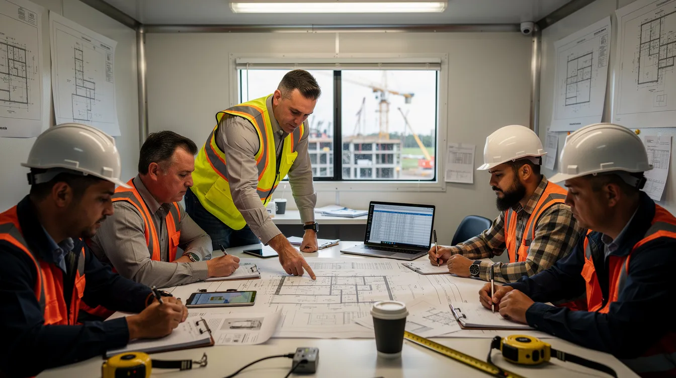 A team of construction professionals is gathered around a table inside a job site trailer, reviewing various project documents related to the construction project. They are discussing key aspects such as the project scope, project timeline, and potential project delays to ensure that all parties involved are on the same page for successful project management.