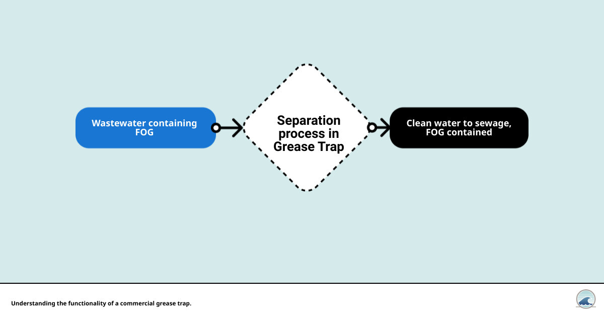 Detailed infographic showing the separation process in a commercial grease trap, highlighting key components like the flow rate controller, baffles, and FOG collection area - how does a commercial grease trap work infographic flowmap_simple - grease trap installed - grease traps work - grease interceptor