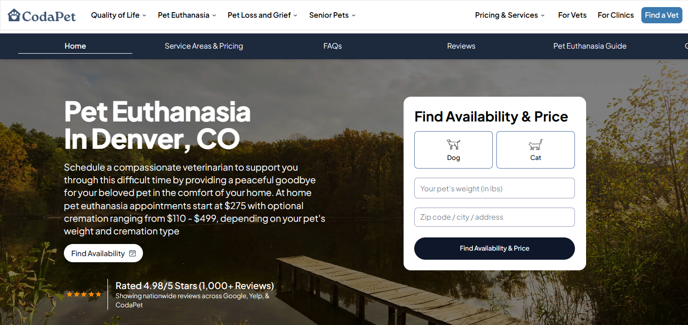 eCommerce SEO Strategies That Actually Drive Sales in 2026 Pet euthanasia in Denver CO landing page with availability form, pricing information, and compassionate in-home service details.