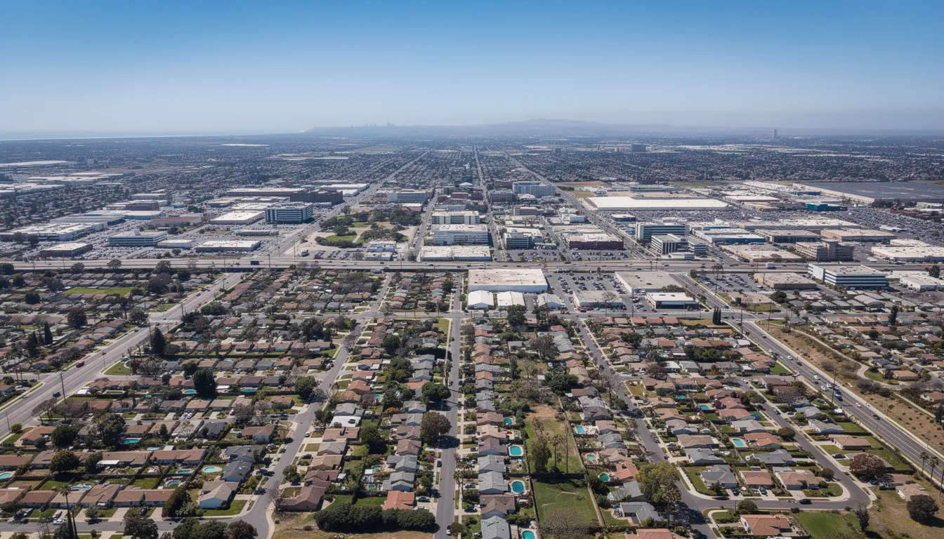 An aerial view of Torrance showcases a vibrant cityscape featuring a mix of residential neighborhoods and commercial areas, highlighting the community's blend of family homes and local businesses. This image reflects the essence of Southern California living, where residents can seek assistance from experienced bankruptcy attorneys and personal injury law firms for financial freedom and support during difficult times.