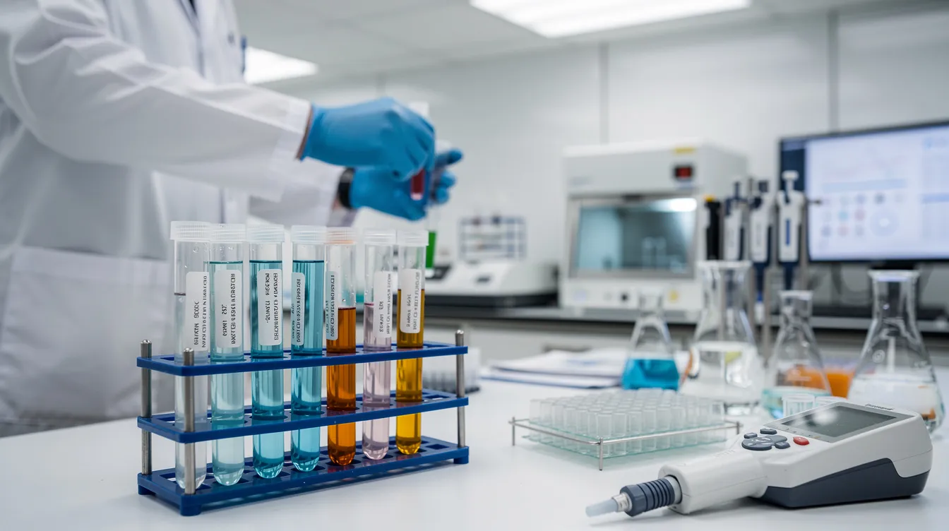 The image depicts a laboratory setting filled with various research vials and scientific equipment, suggesting ongoing studies related to peptide therapy and the effects of epitalon on cellular longevity and biological aging. The arrangement of tools indicates a focus on molecular sciences, potentially exploring telomere lengthening and the role of amino acids in enhancing immune response and cognitive function.