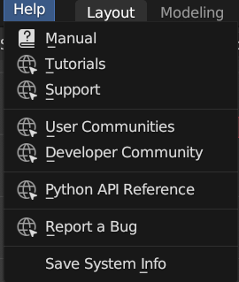 A screenshot showing the Help Menu for Blender 4.0