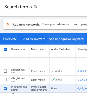 Adding negative keywords in Google Ads.