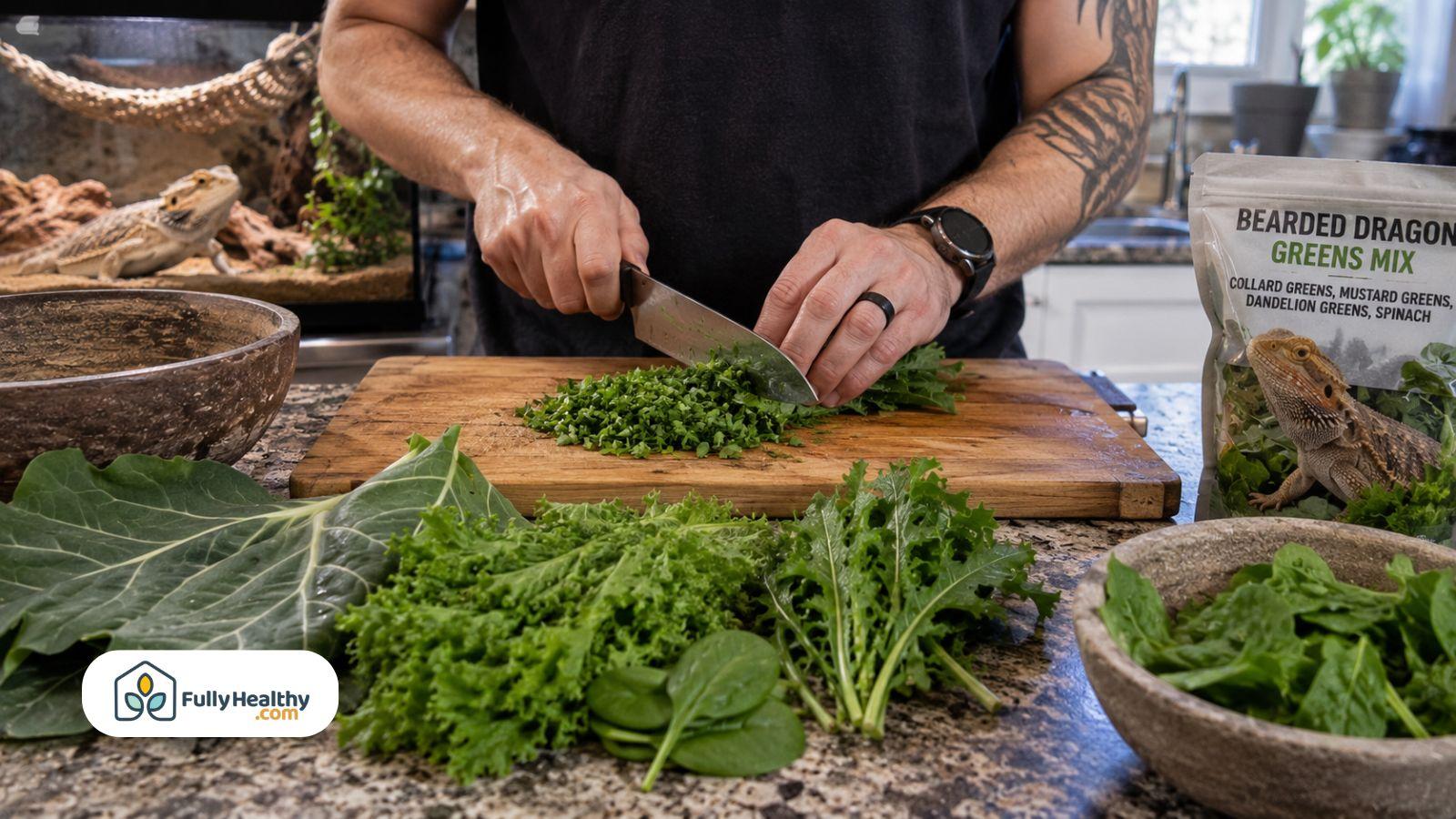 Preparing finely chopped greens for a healthy bearded dragon diet