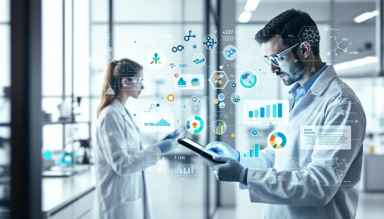 Researcher examining peptide science advancements.