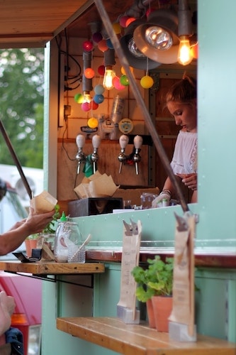 Condiments like mayonnaise ready for use on the side of a food truck at a food festival celebrating Connecticut food