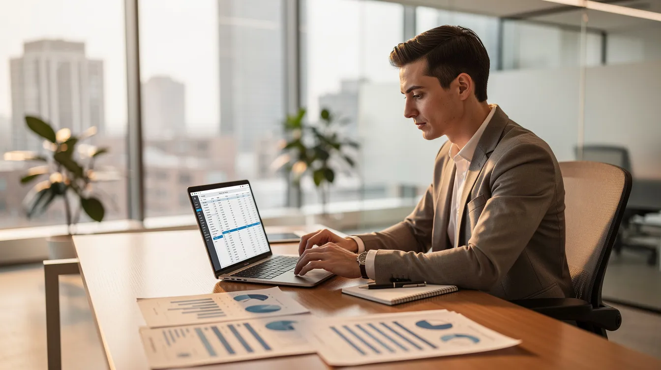 A professional person, dressed in business attire, is seated at a modern desk, focused on reviewing financial documents displayed on a laptop. The office environment is sleek and contemporary, suggesting a space where 公務員 及 專業人士 manage their financial affairs, possibly related to 貸款 申請 or reviewing 利率 及 還款 期 details.