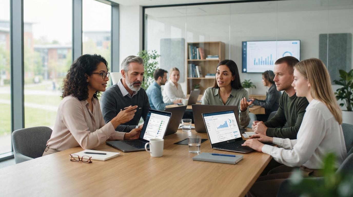Educators collaborating in a modern meeting room while evaluating AI learning platforms on laptops, professional education environment.