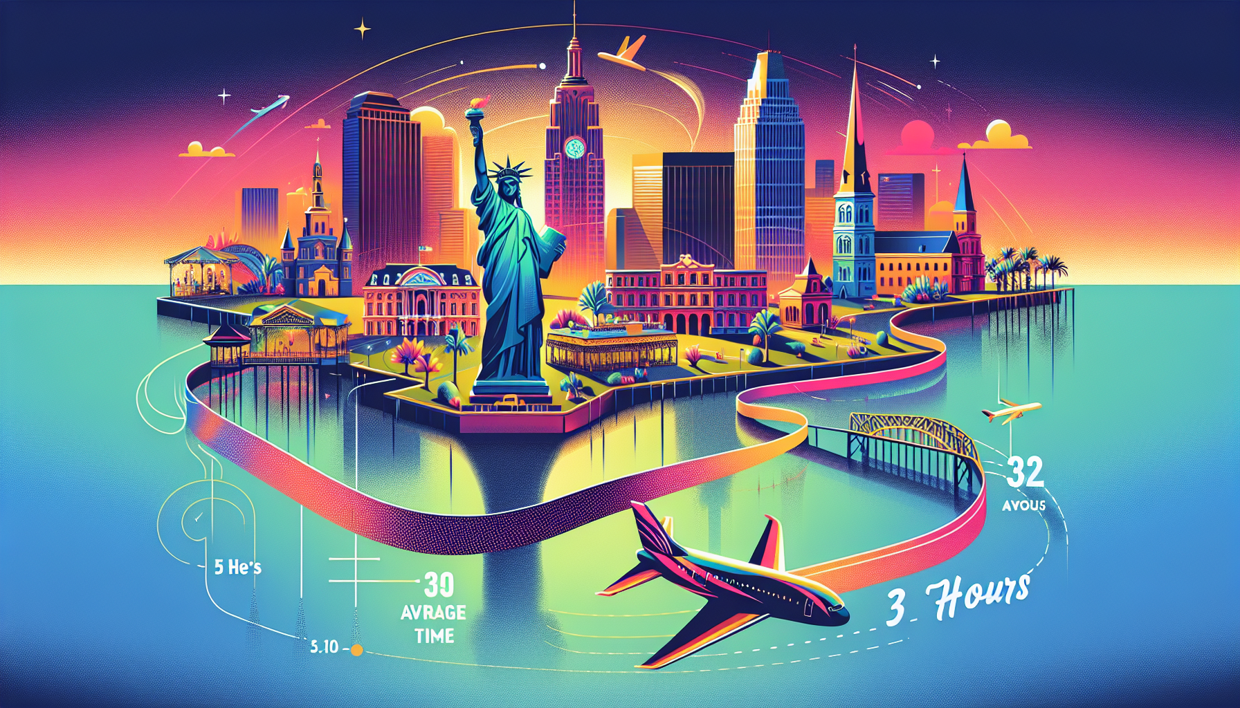 An illustration showing the nonstop flight time from New York to New Orleans.