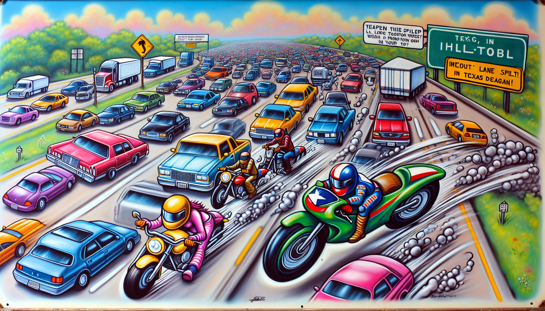 An illustration depicting lane splitting, with motorcycles navigating through traffic in Texas. The image emphasizes the question, is lane splitting legal in Texas?