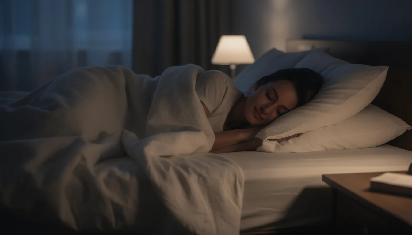 Eine Person schläft friedlich in einem abgedunkelten Schlafzimmer, umgeben von weißer Bettwäsche, was auf eine entspannte Schlafumgebung hinweist. Diese ruhige Szenerie könnte Menschen mit Schlafstörungen oder Schlafproblemen helfen, die Wirkung von medizinischem Cannabis und Cannabinoiden zur Verbesserung der Schlafqualität zu verstehen.