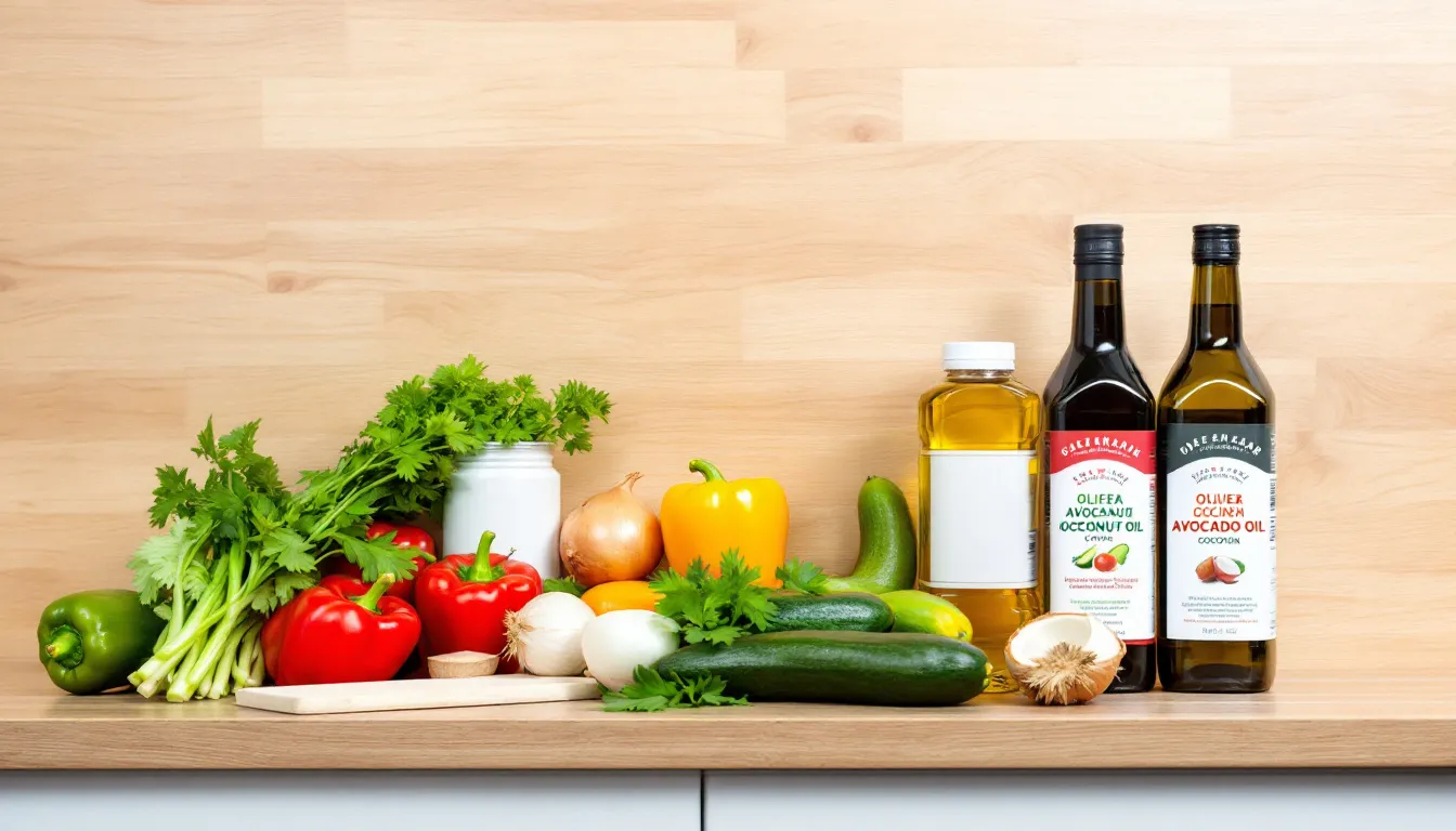 The image showcases a variety of fresh ingredients alongside several cooking oils, including canola oil, olive oil, and grapeseed oil, all prepared for high-heat cooking methods like stir frying and roasting vegetables. These oils, known for their high smoke points and neutral flavors, are ideal for creating savory dishes while promoting heart health and healthy fats.
