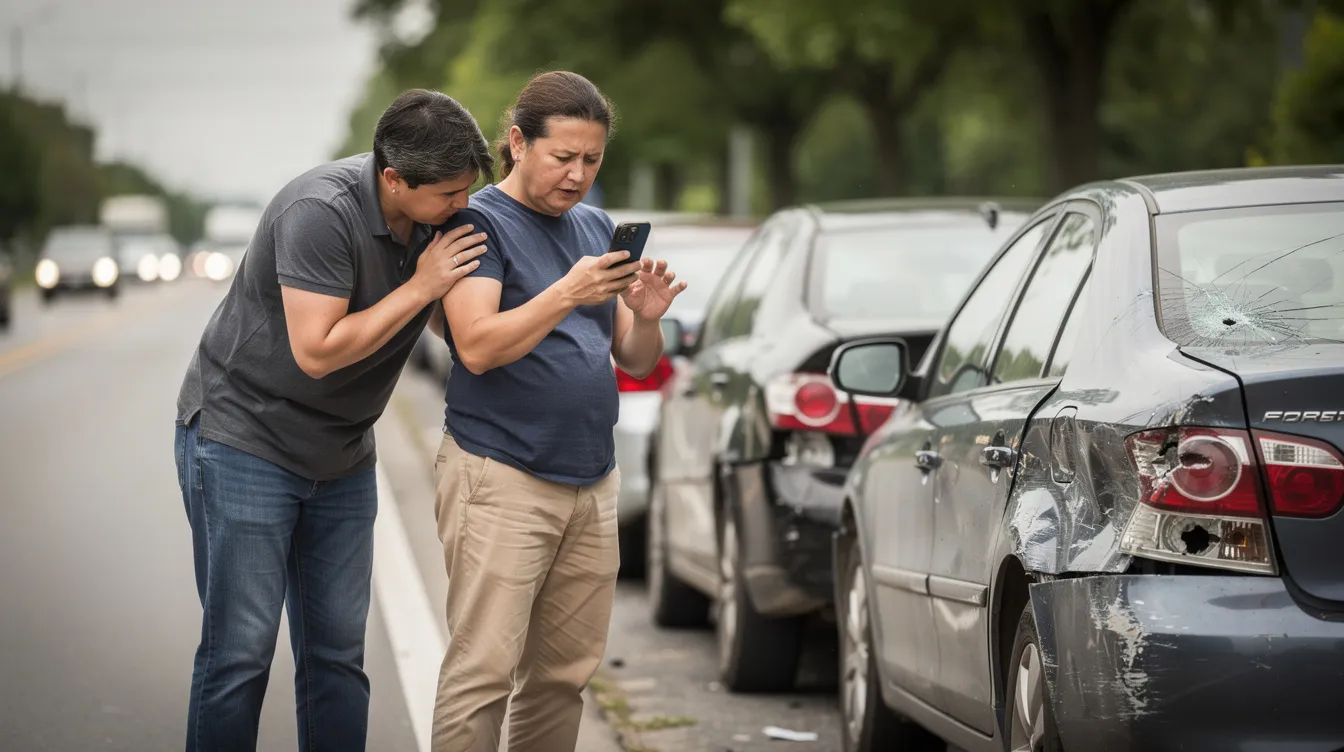 A car accident victim stands at the roadside, using a smartphone to document vehicle damage while another person checks for injuries. The scene captures parked cars with visible damage under bright daylight, reflecting the serious nature of car accidents and the importance of seeking medical attention and legal support from an experienced Everett car accident lawyer.