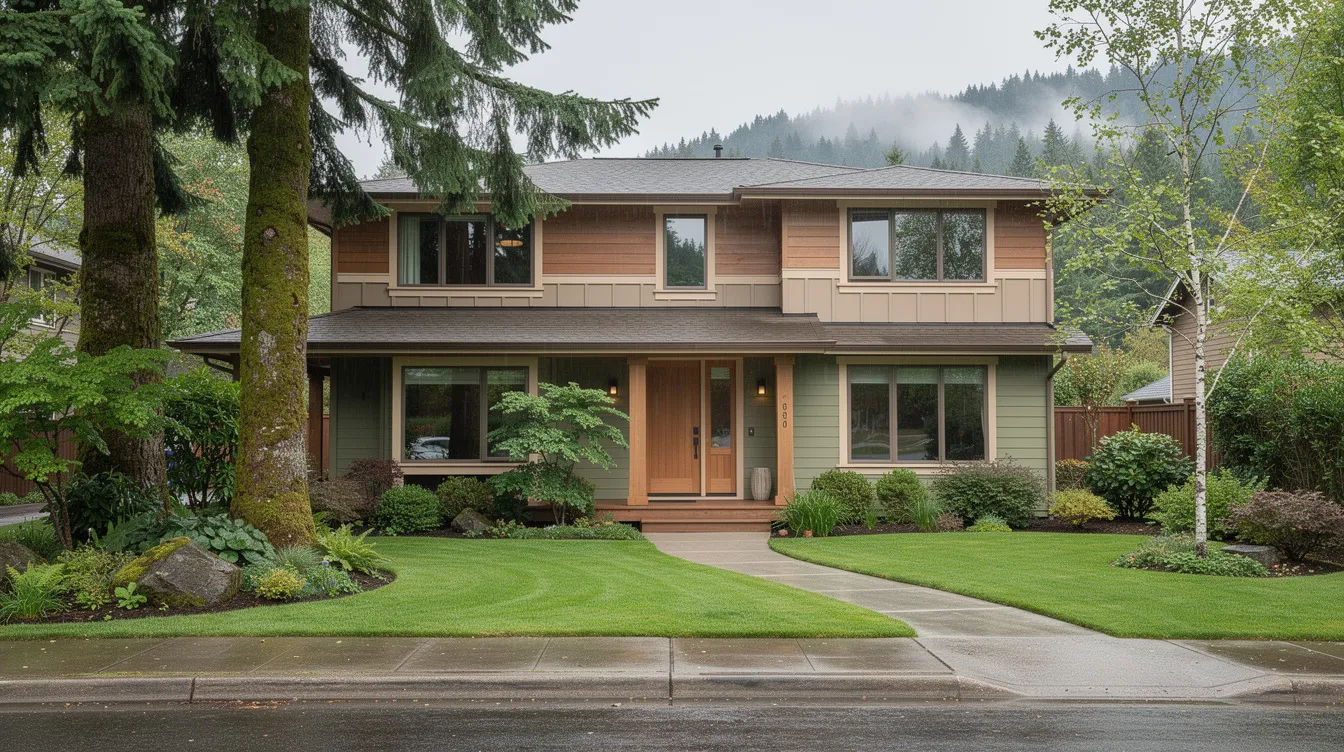 The image shows the exterior of a residential home in the Pacific Northwest, featuring a lush green front yard with mature trees. The vibrant landscaping may hint at potential sewer line issues, such as tree root intrusion, which can lead to sewer line damage and costly repairs.