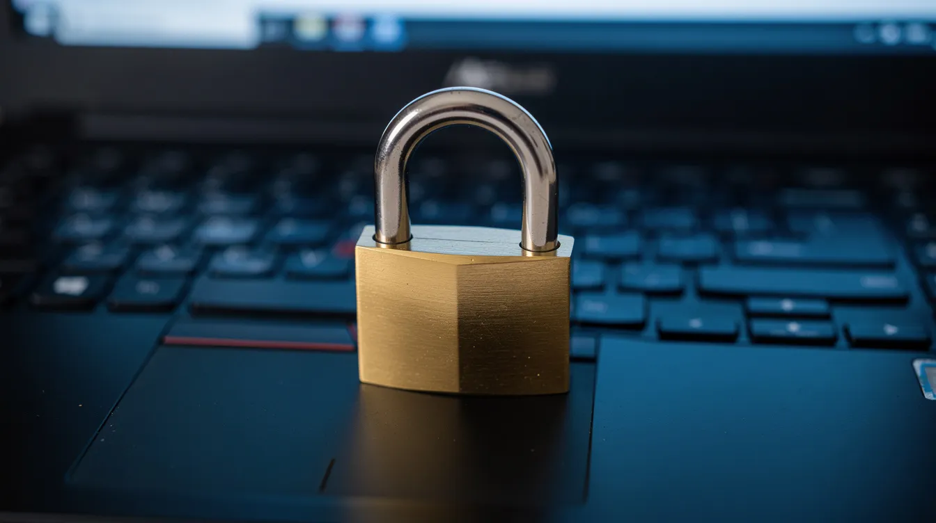 Ein goldener Vorhängeschloss liegt auf einer Laptop-Tastatur und symbolisiert digitale Sicherheit. Dieses Bild steht für den Schutz von Kundenkonten und persönlichen Daten, die beim Online-Kauf von Parfüms und Makeup auf Plattformen wie Flaconi wichtig sind.