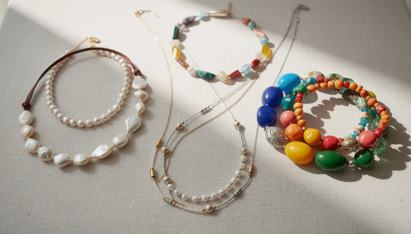 A collection of handmade beaded necklaces showcases a variety of styles, from classic pearl strands to bold statement pieces featuring oversized, vibrant beads. Each necklace is totally unique, blending traditional and contemporary designs to complement any outfit.